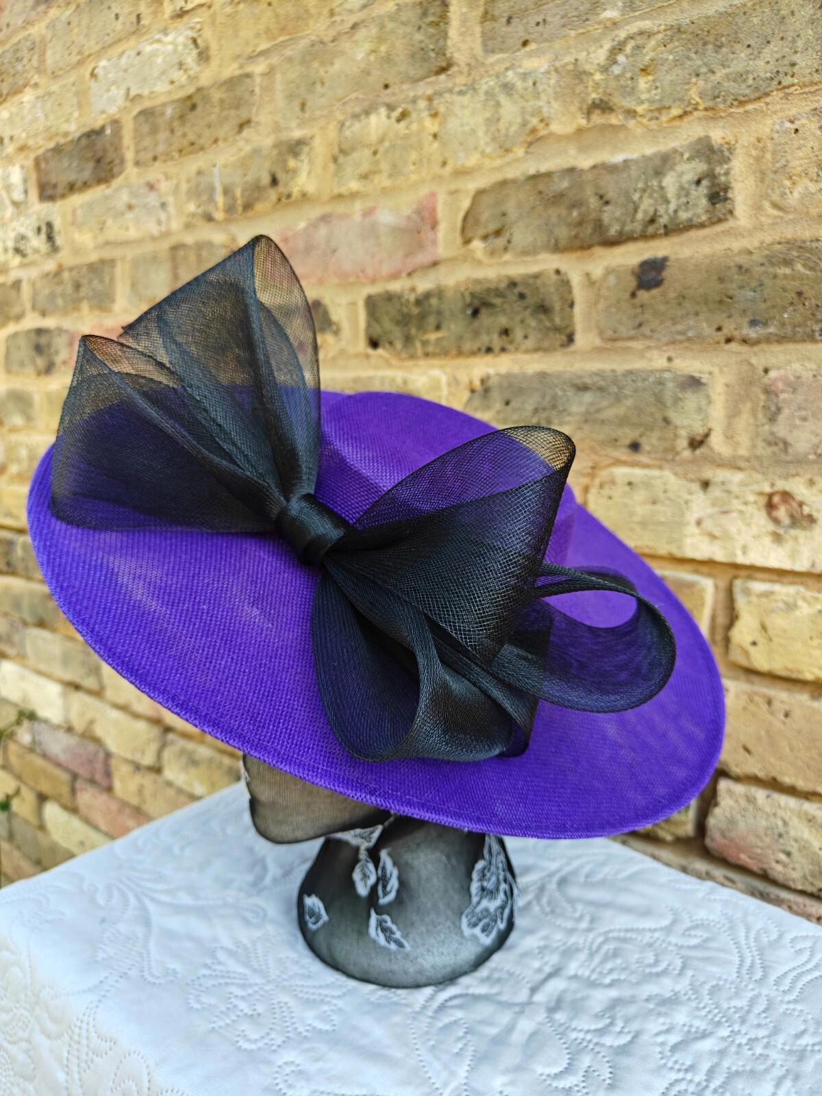 purple  black large fascinator wedding hat  Kentucky Derby Royal Ascot bow