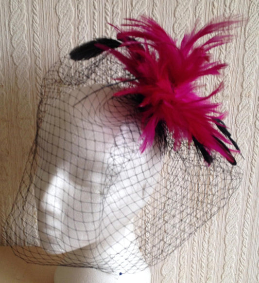 pink feather black veiling fascinator millinery hair clip ascot wedding bridal
