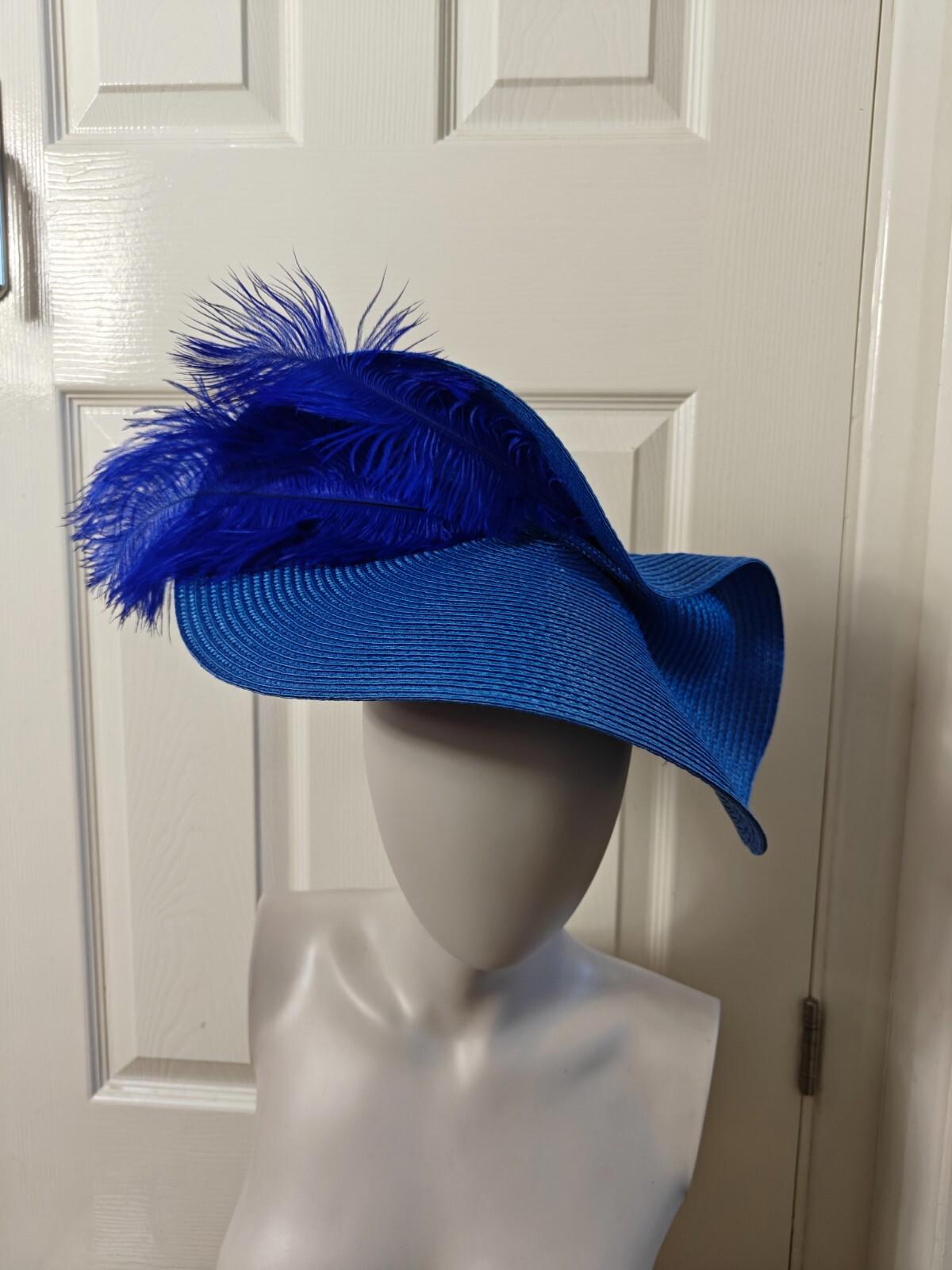 blue large straw fascinator ostrich feather millinery headband wedding hat