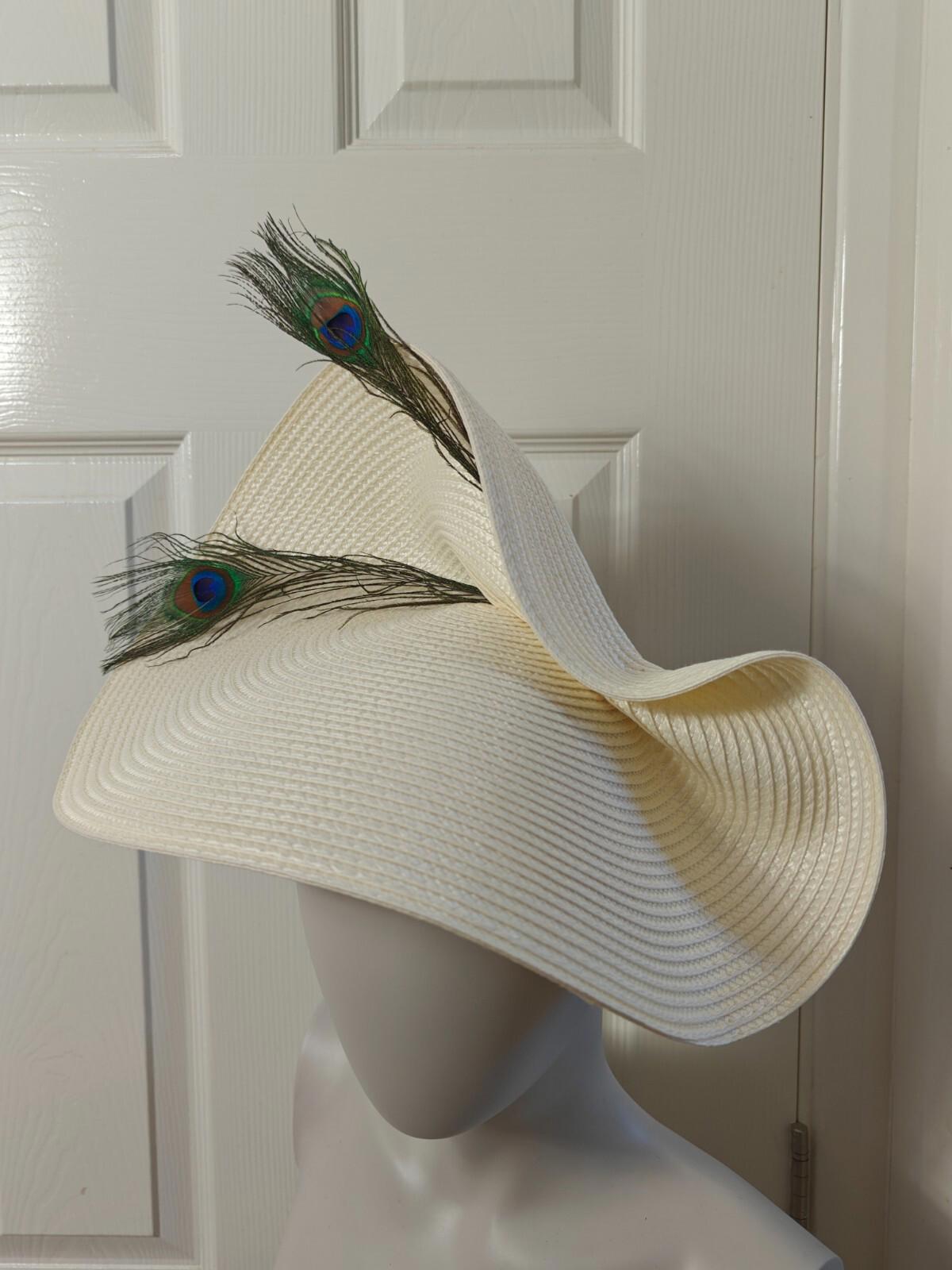 ivory large straw fascinator peacock feather millinery headband wedding hat
