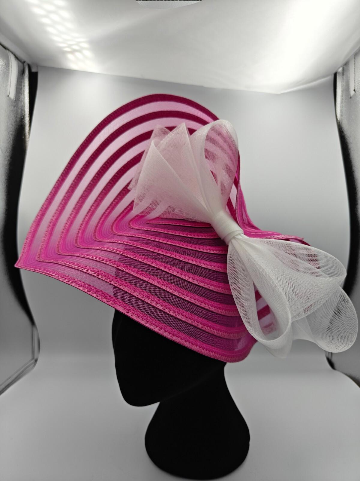 hot pink white bow straw fascinator millinery burlesque headband wedding hat