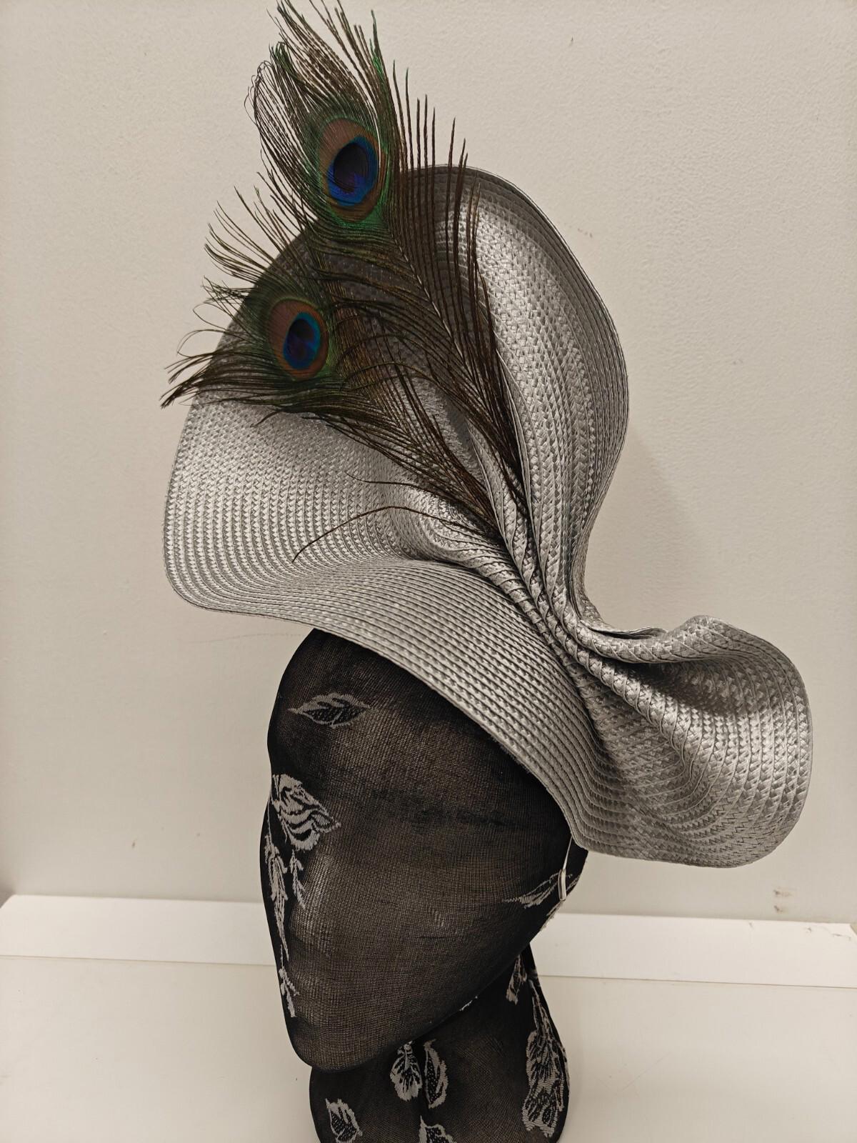 silver grey straw fascinator peacock feather millinery headband wedding hat
