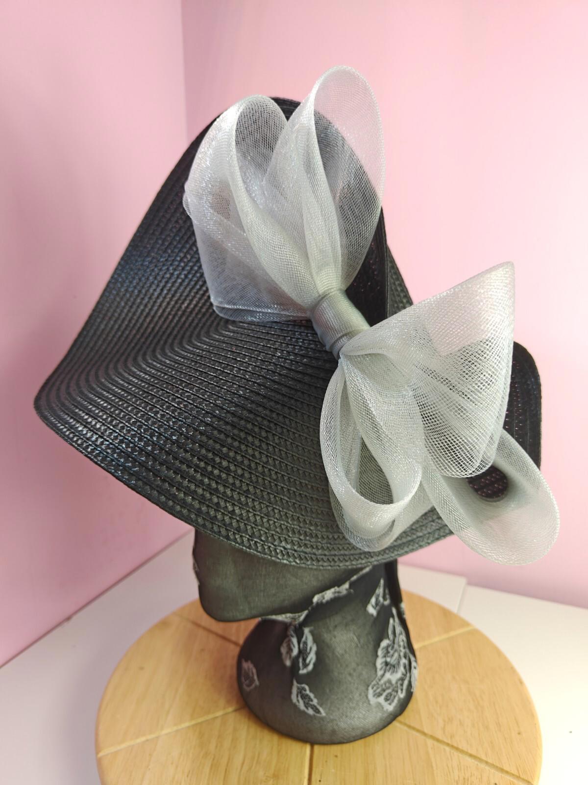 black grey large straw fascinator wedding hat Kentucky Derby Royal Ascot