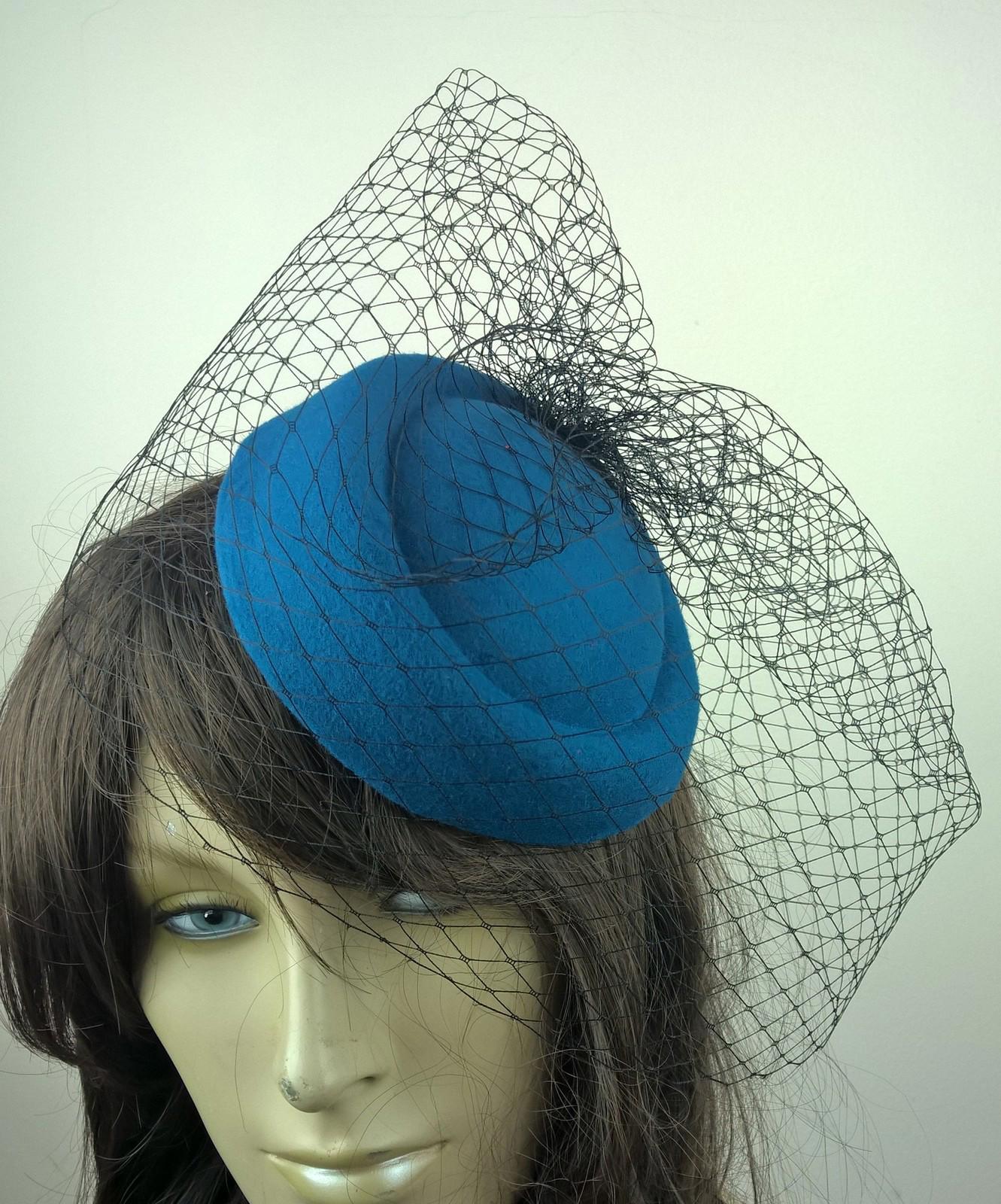 turquoise felt mini pill box hat black veiling french veil fascinator wedding