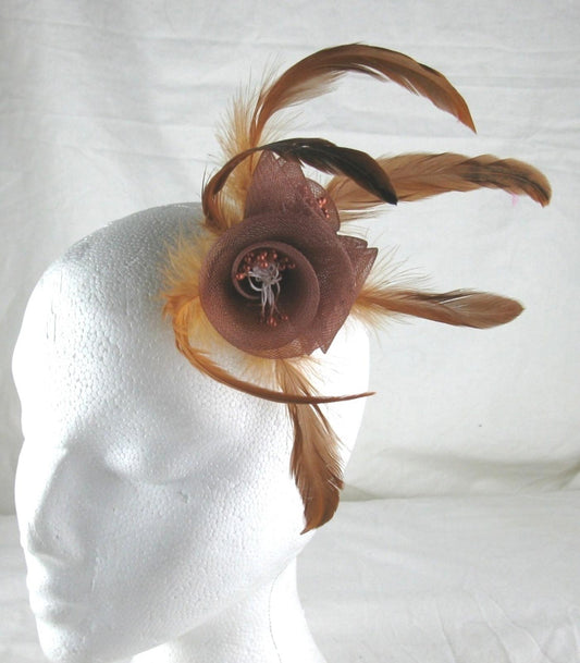 light brown fascinator millinery feather brooch clip wedding hair piece ascot