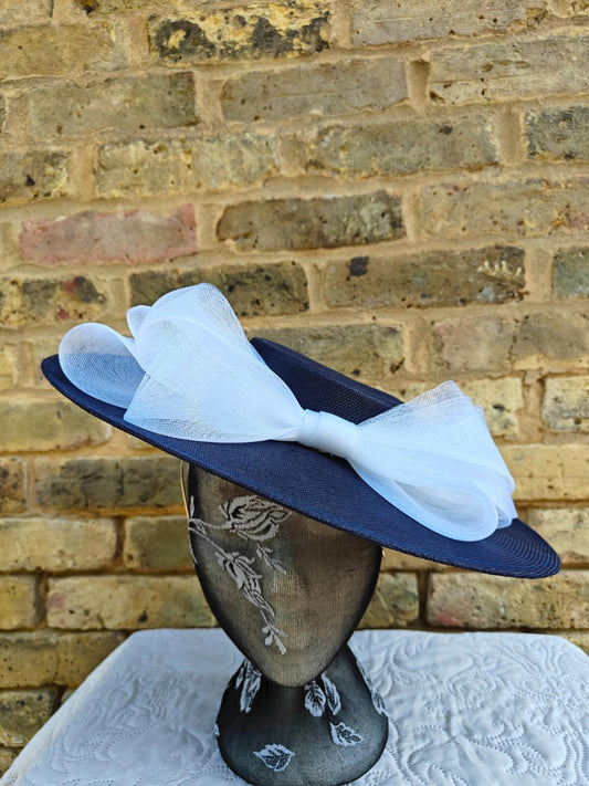 navy blue white large fascinator wedding hat  Kentucky Derby Royal Ascot bow