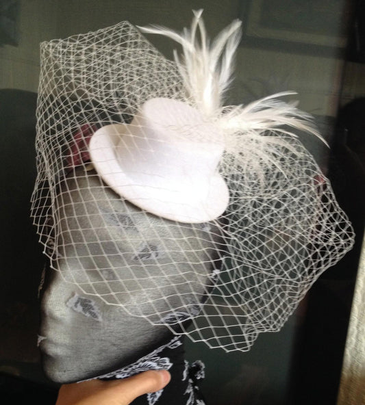 white veiling feather white mini top hat fascinator millinery burlesque wedding