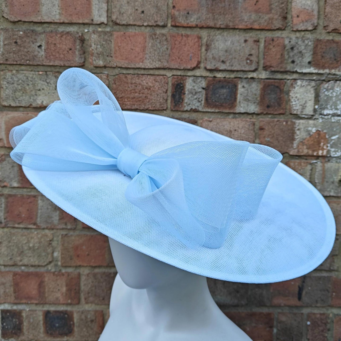 white baby blue large fascinator wedding hat  handmade hatinator Ascot bow