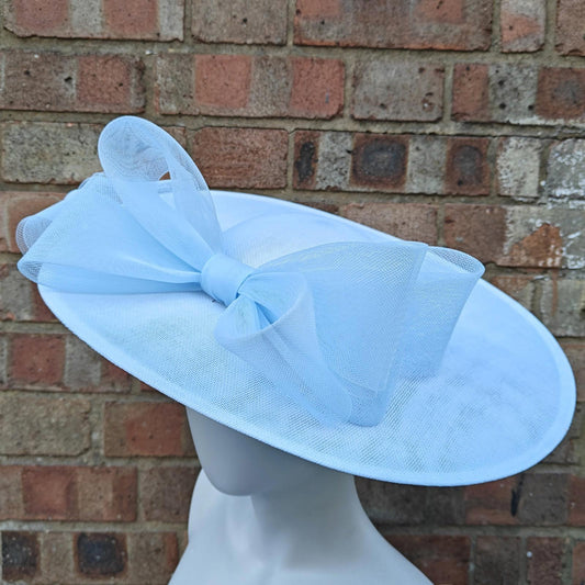 white baby blue large fascinator wedding hat  handmade hatinator Ascot bow