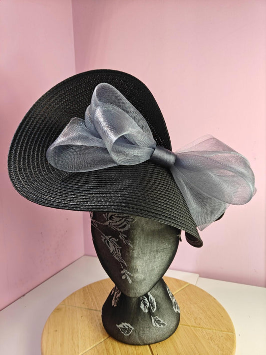 black grey large straw fascinator wedding hat Kentucky Derby Royal Ascot