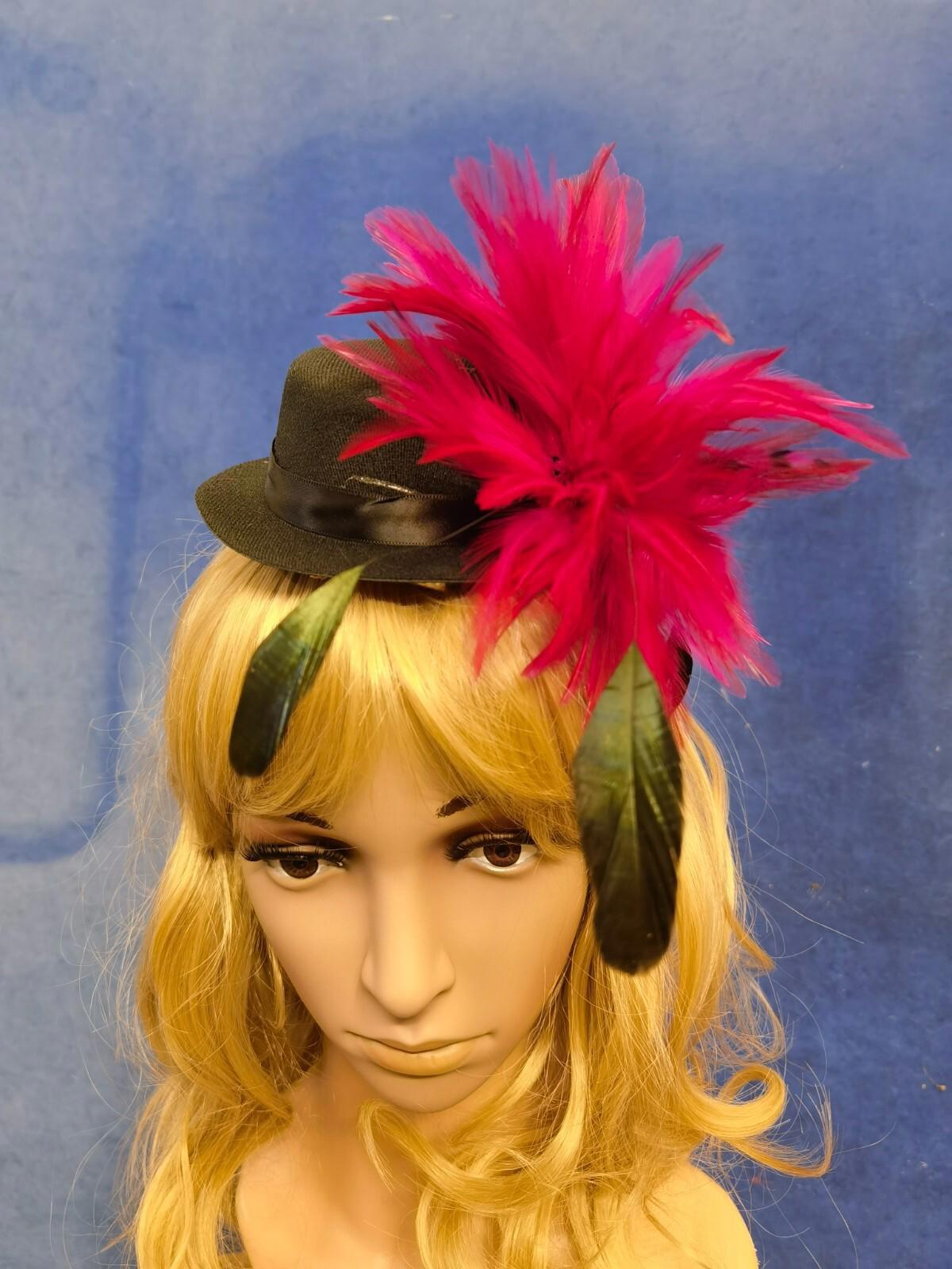 Pink black feather mini top hat fascinator millinery burlesque wedding 1