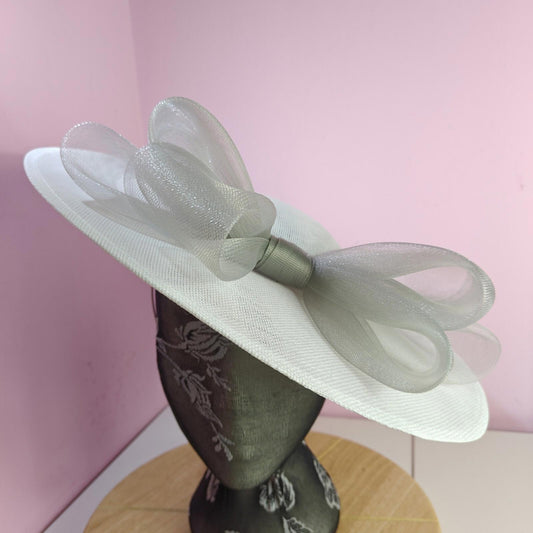 white grey large fascinator wedding hat  Kentucky Derby Royal Ascot bow