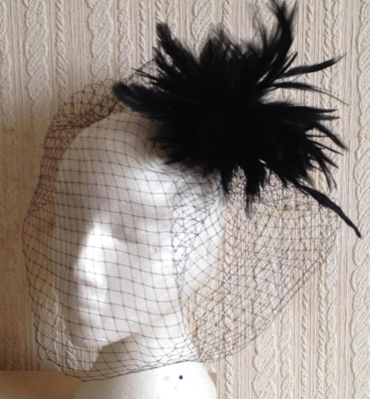 black feather veiling fascinator millinery hair clip ascot wedding bridal
