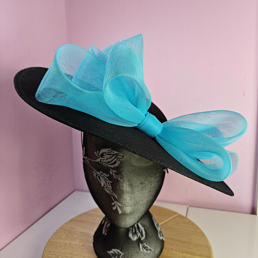 black turquoise large fascinator wedding hat  Kentucky Derby Royal Ascot bow