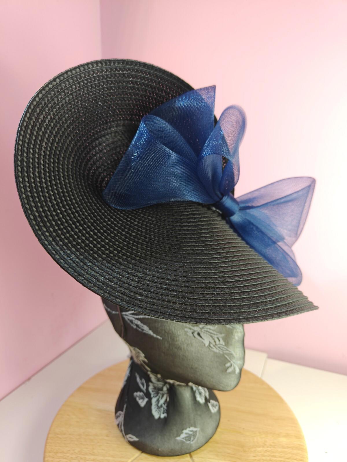 black navy large straw fascinator wedding hat Kentucky Derby Royal Ascot