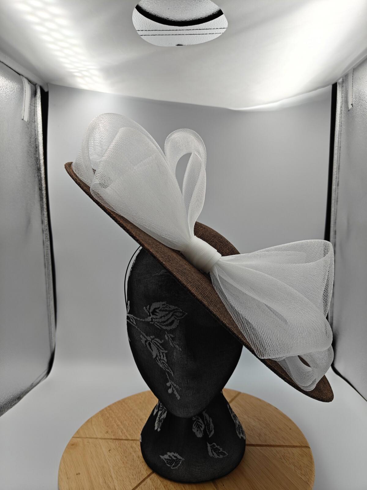 brown white large fascinator headband wedding hat Kentucky Derby Royal Ascot