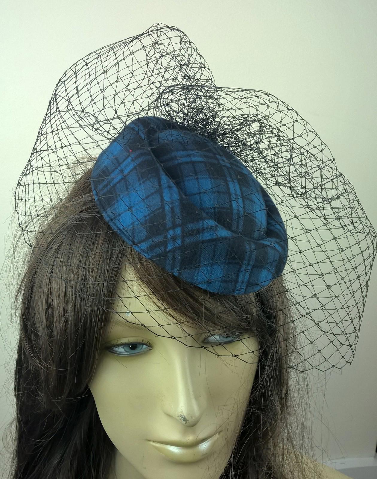 turquoise felt mini pill box hat black veiling french veil fascinator wedding