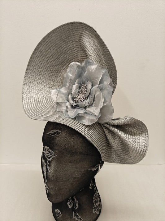grey flower large straw fascinator millinery burlesque headband wedding hat