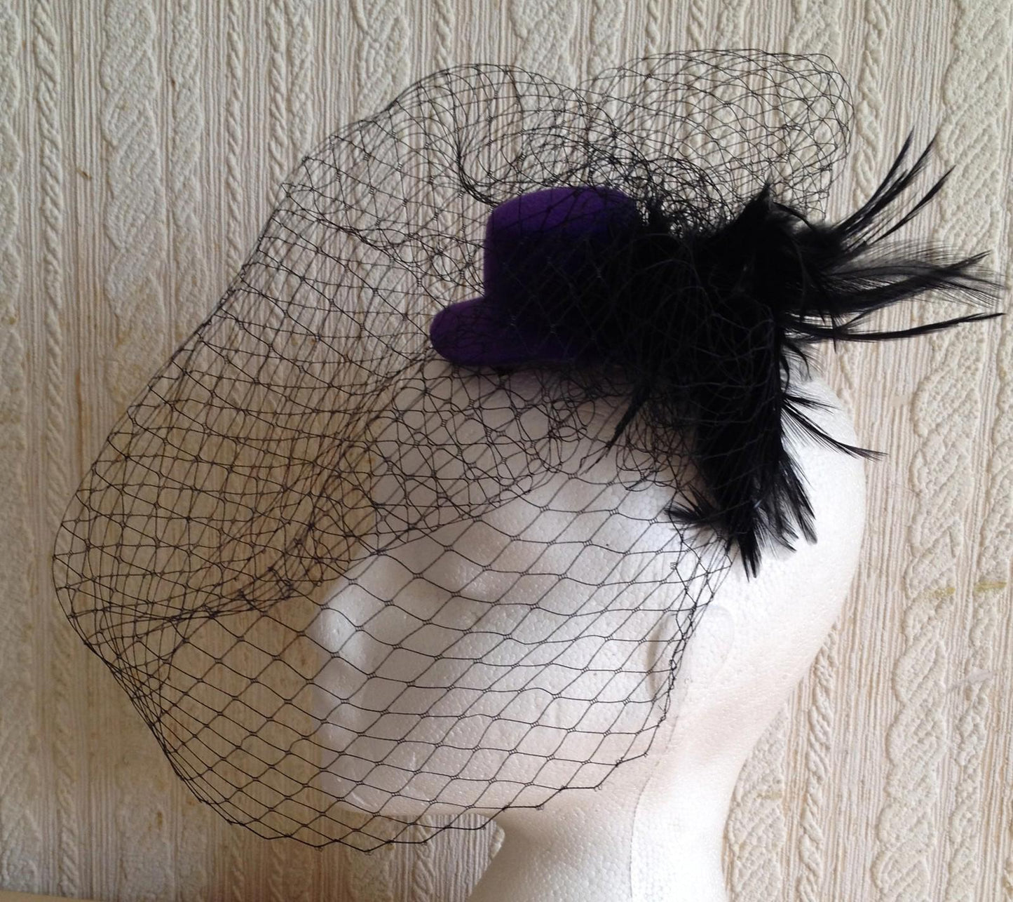 black veiling feather purple mini top hat fascinator millinery wedding party