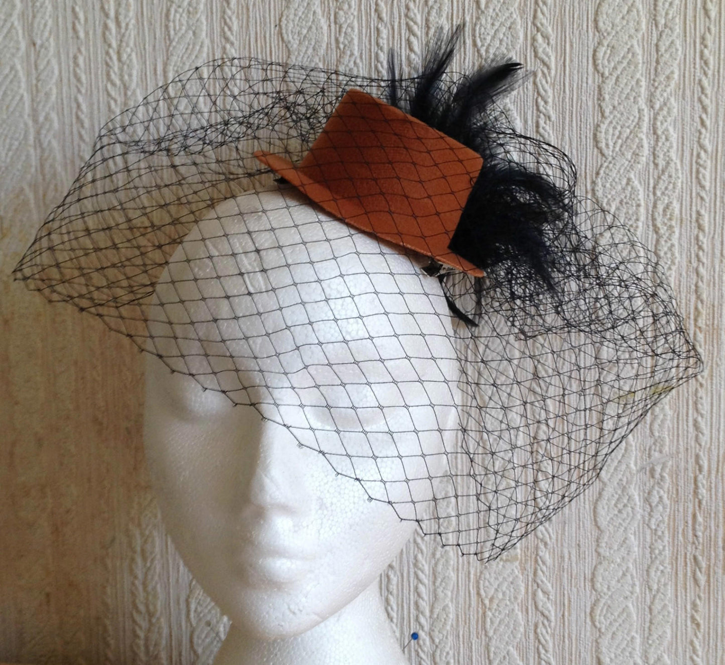 black veiling feather brown mini top hat fascinator millinery burlesque