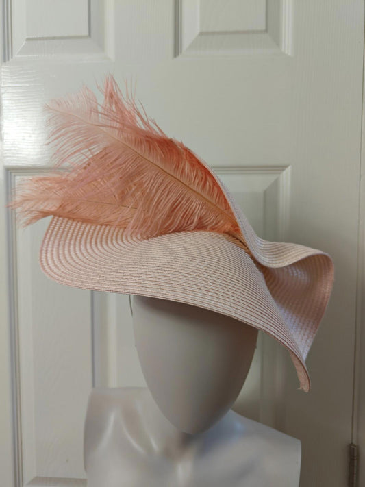 nude pink large straw fascinator ostrich feather millinery headband wedding hat
