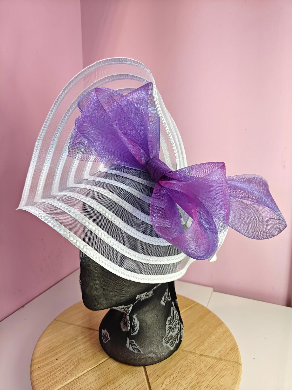 white purple bow fascinator millinery wedding hat Kentucky Derby Royal Ascot
