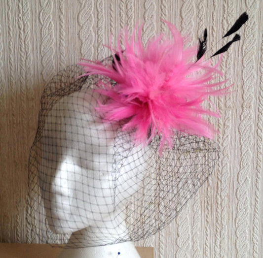 pink feather black veiling fascinator millinery hair clip ascot wedding bridal x