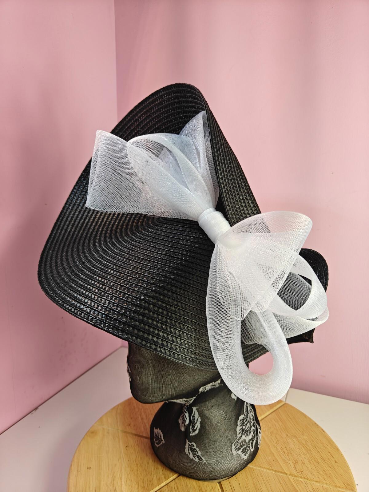 black white large straw fascinator wedding hat Kentucky Derby Royal Ascot