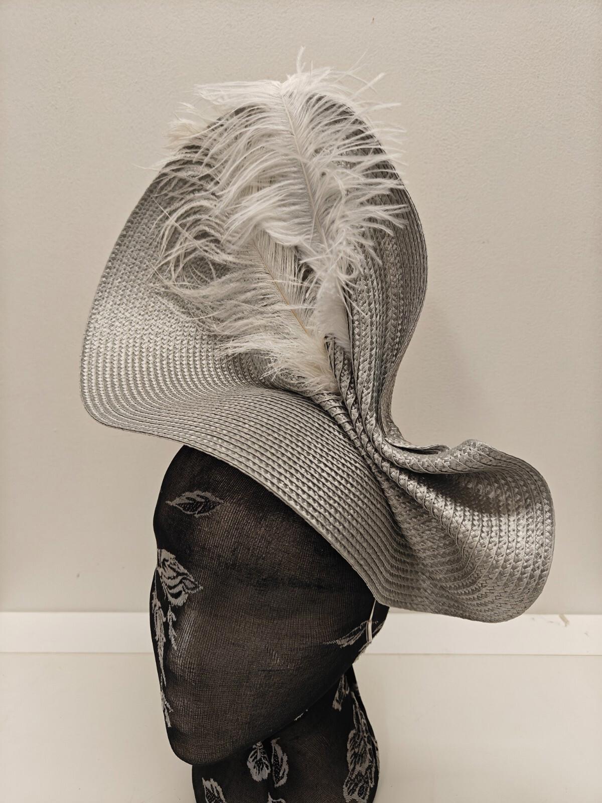 grey white large straw fascinator ostrich feather millinery headband wedding hat