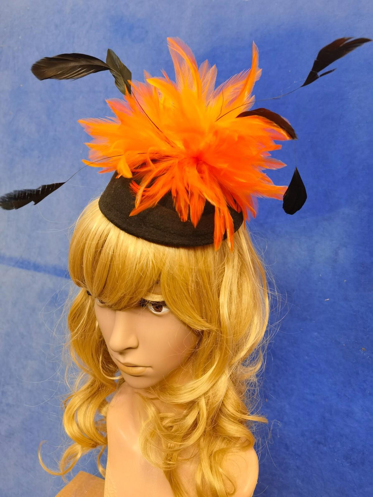 Orange black feather flower felt mini pill box hat veiling veil fascinator