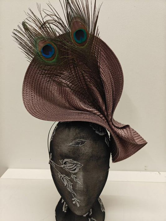 beige large straw fascinator peacock feather millinery headband wedding hat