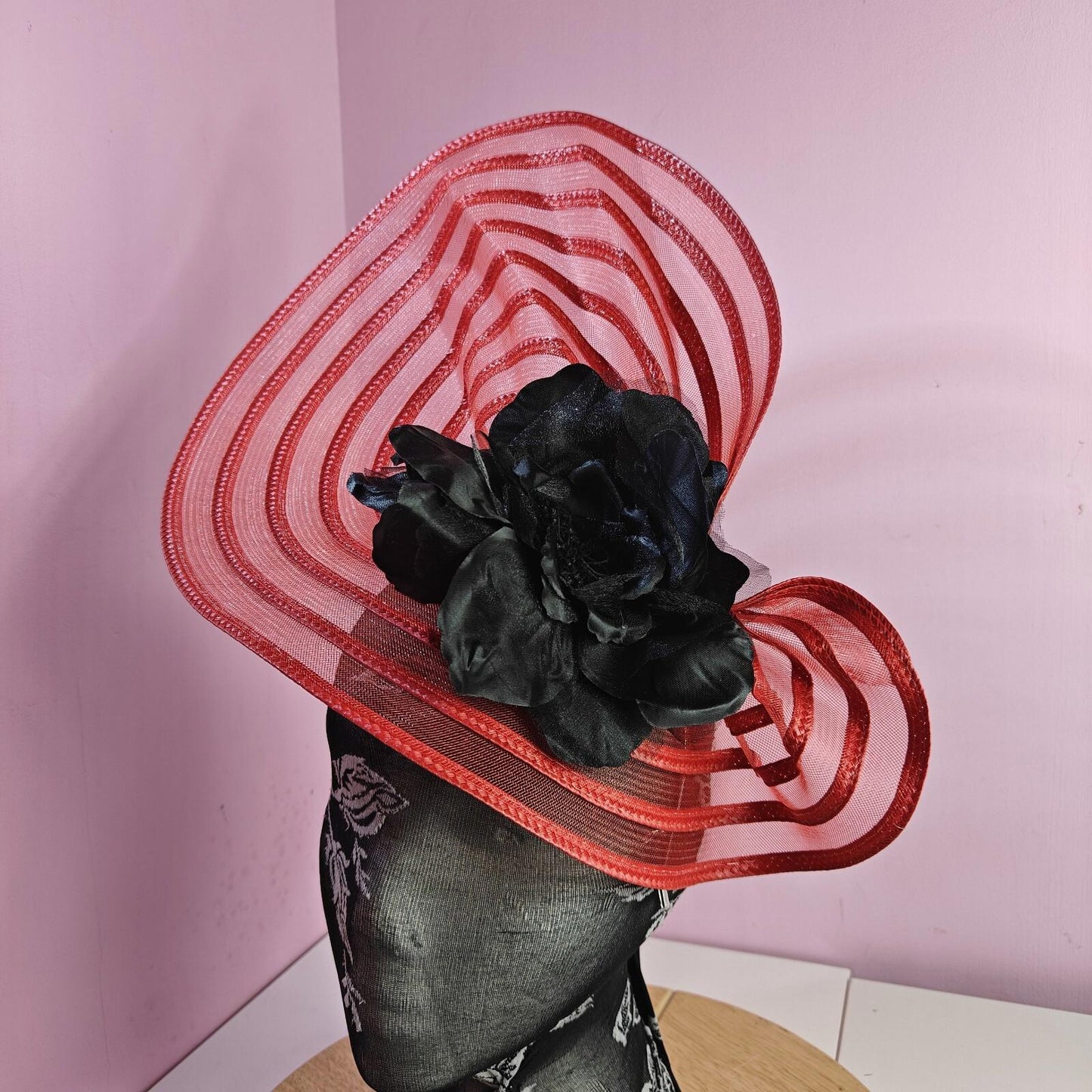 red black flower fascinator millinery wedding hat Kentucky Derby Royal Ascot