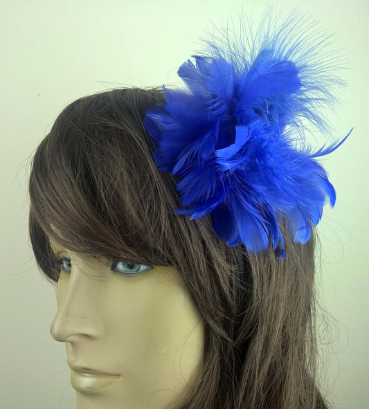 blue feather flower fascinator millinery hair clip wedding piece ascot race