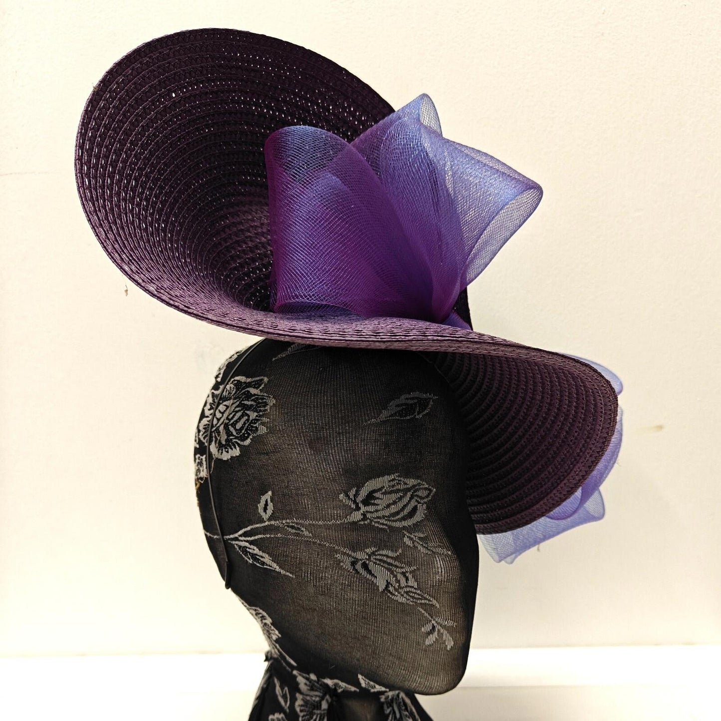 dark purple large straw fascinator millinery burlesque headband wedding hat bow