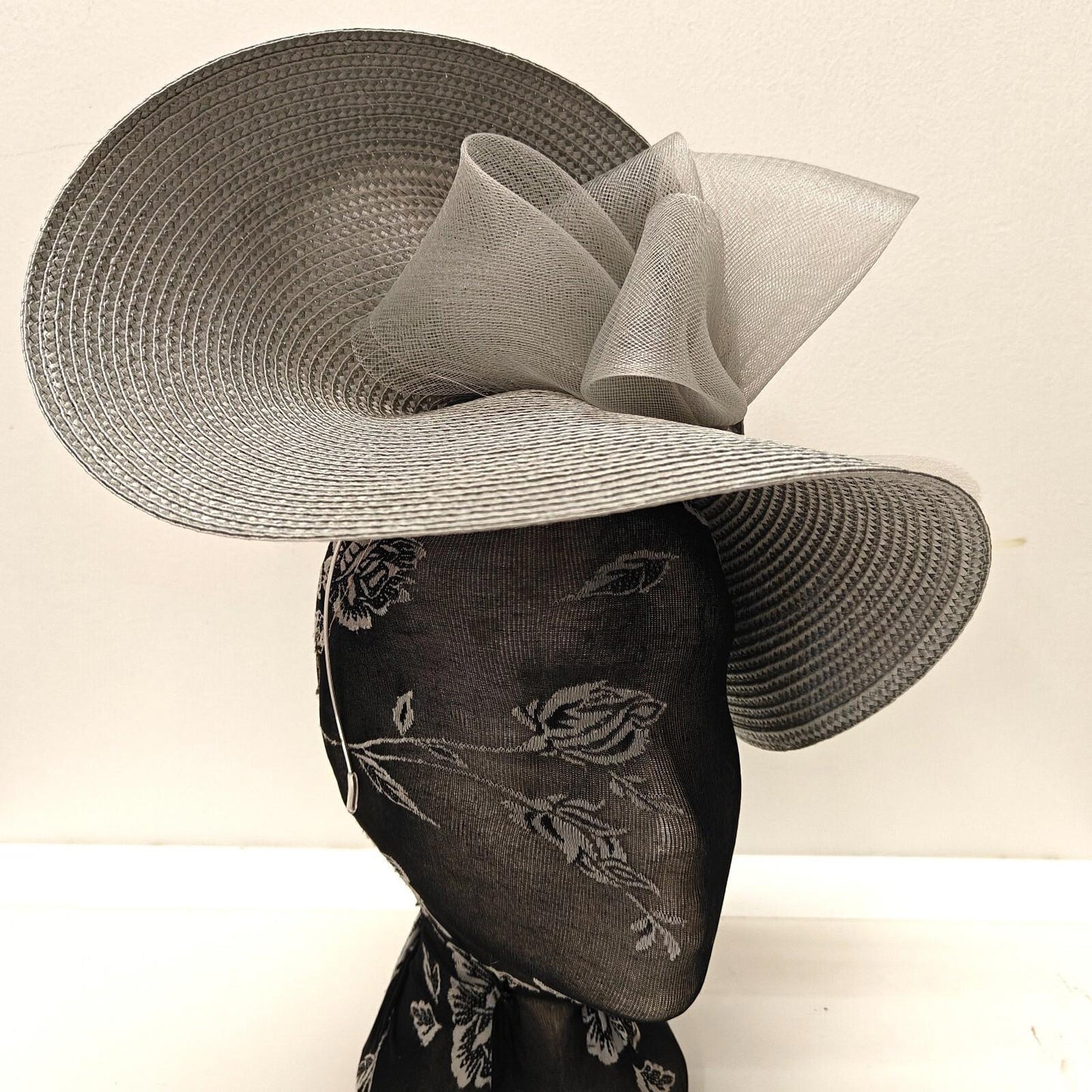 silver grey large straw fascinator millinery burlesque headband wedding hat bow