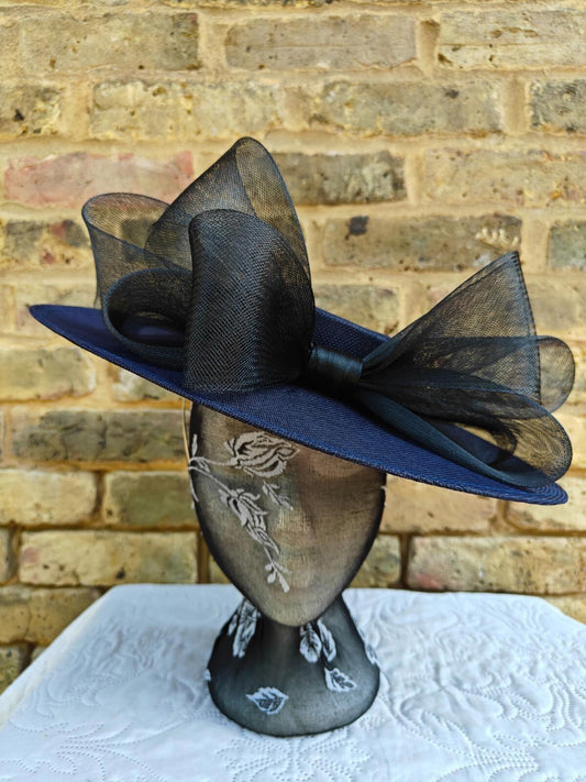 navy blue black large fascinator wedding hat  Kentucky Derby Royal Ascot bow