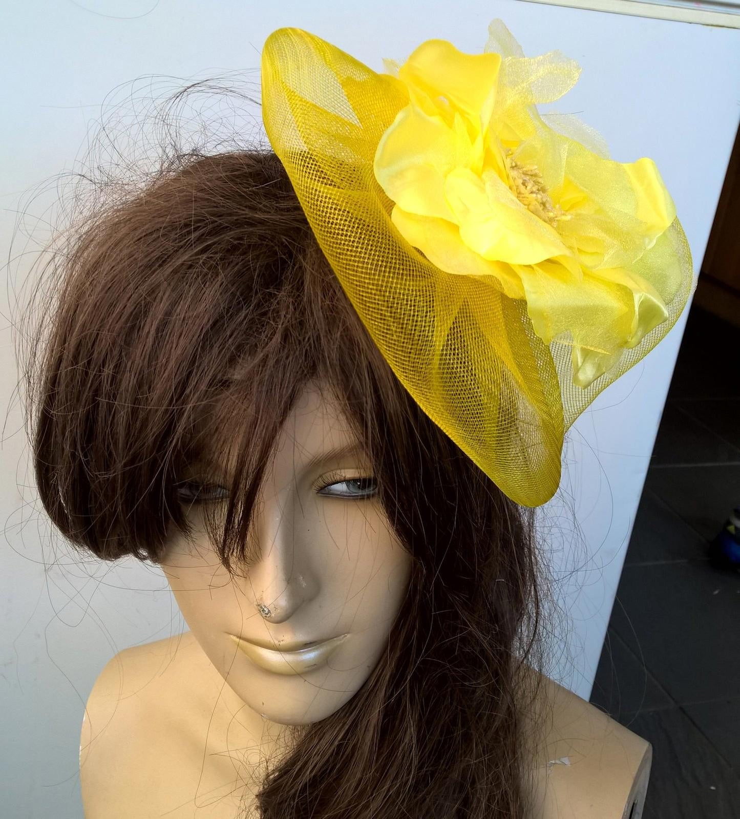yellow satin flower fascinator millinery burlesque wedding hat bridal race x