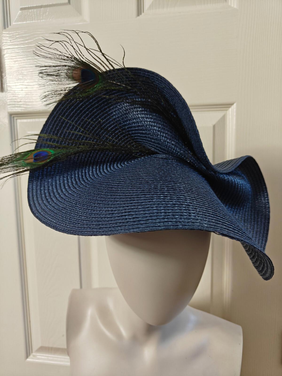 navy blue large straw fascinator peacock feather millinery headband wedding hat