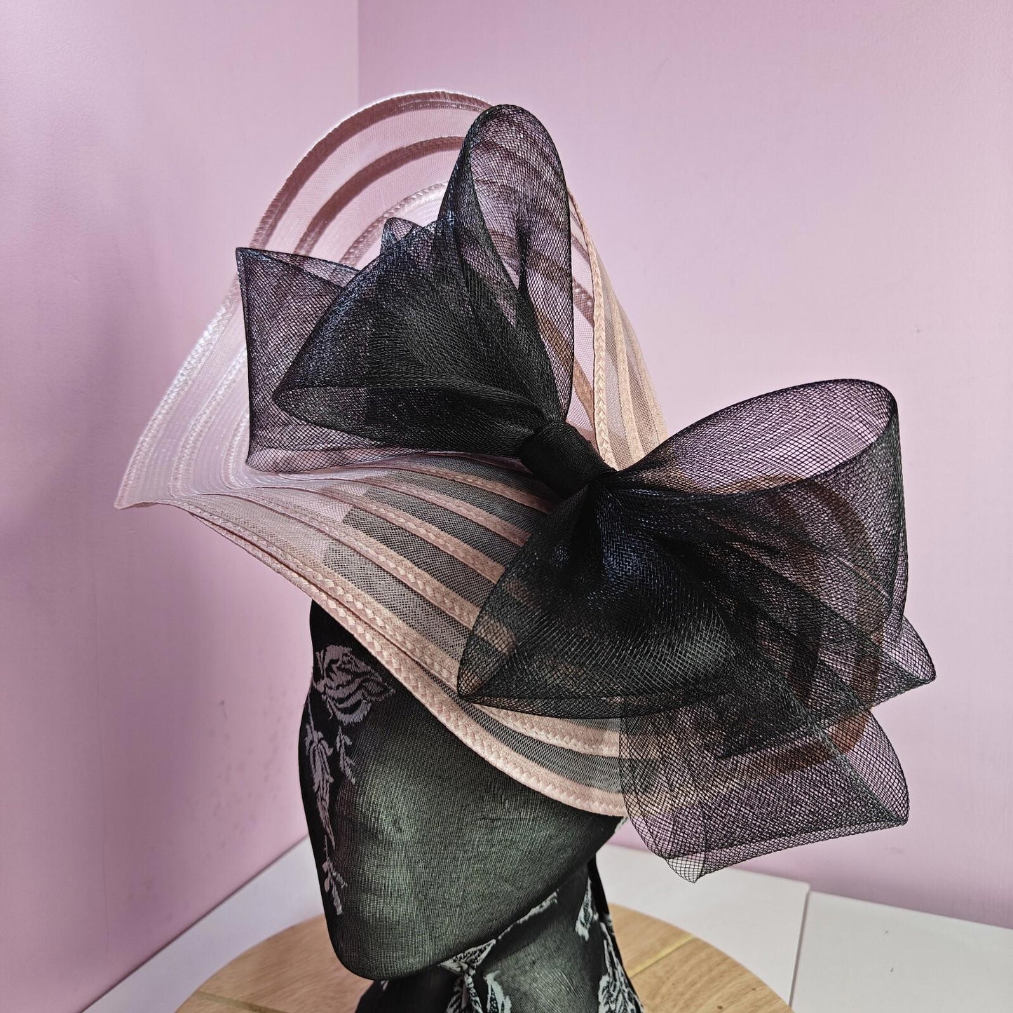 pink black bow fascinator millinery wedding hat Kentucky Derby Royal Ascot