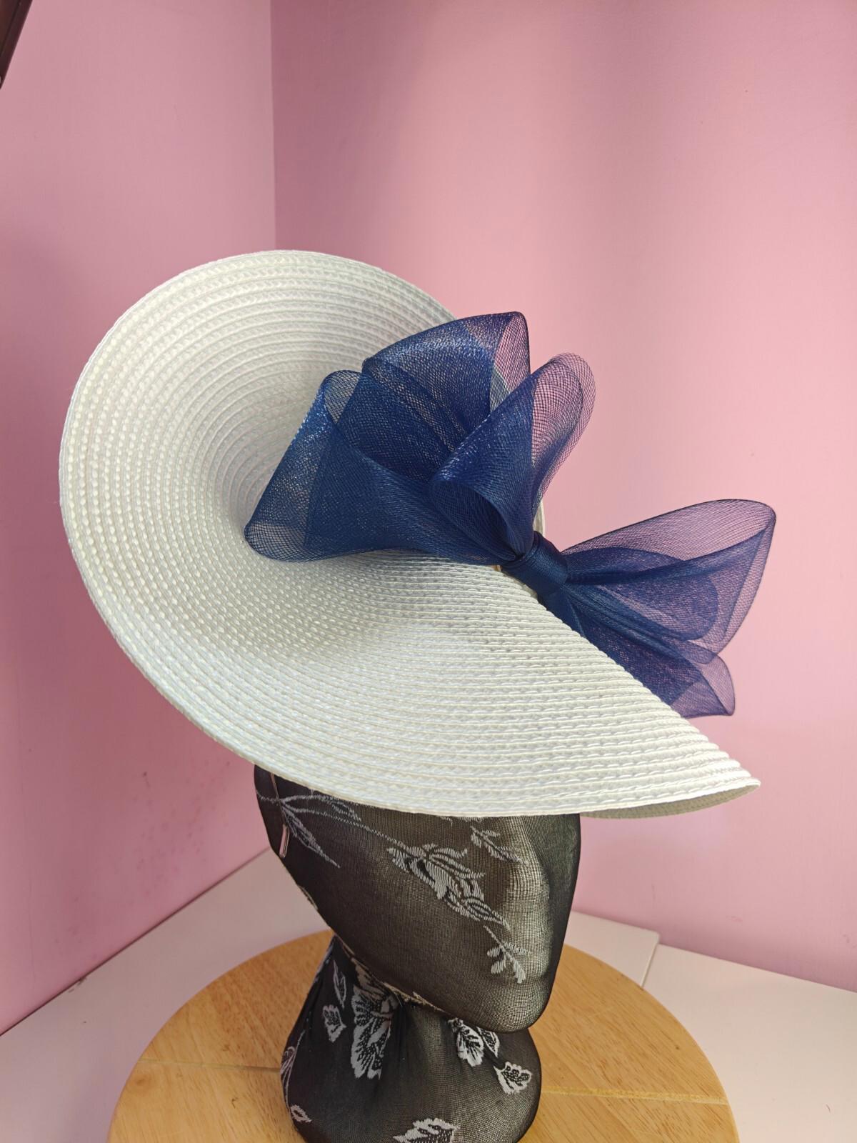white navy large straw fascinator wedding hat Kentucky Derby Royal Ascot