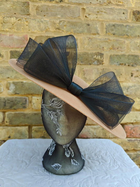 beige black large fascinator wedding hat  Kentucky Derby Royal Ascot bow