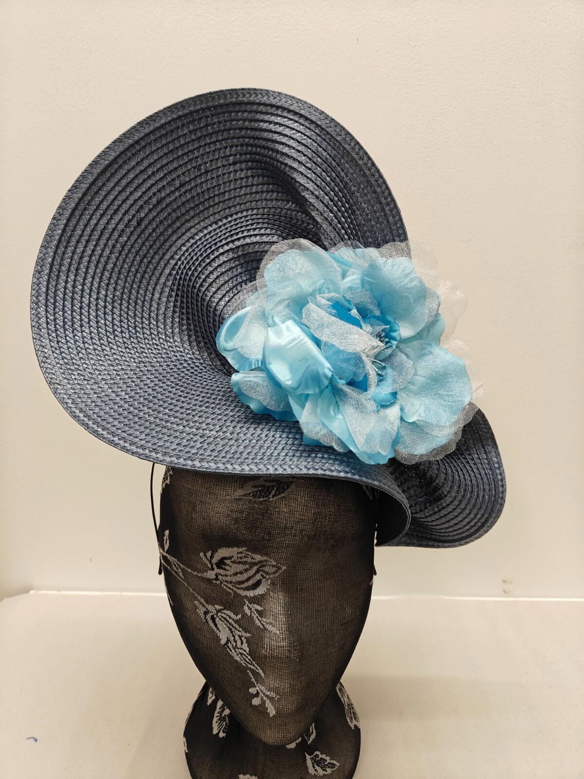 blue flower large straw fascinator millinery burlesque headband wedding hat