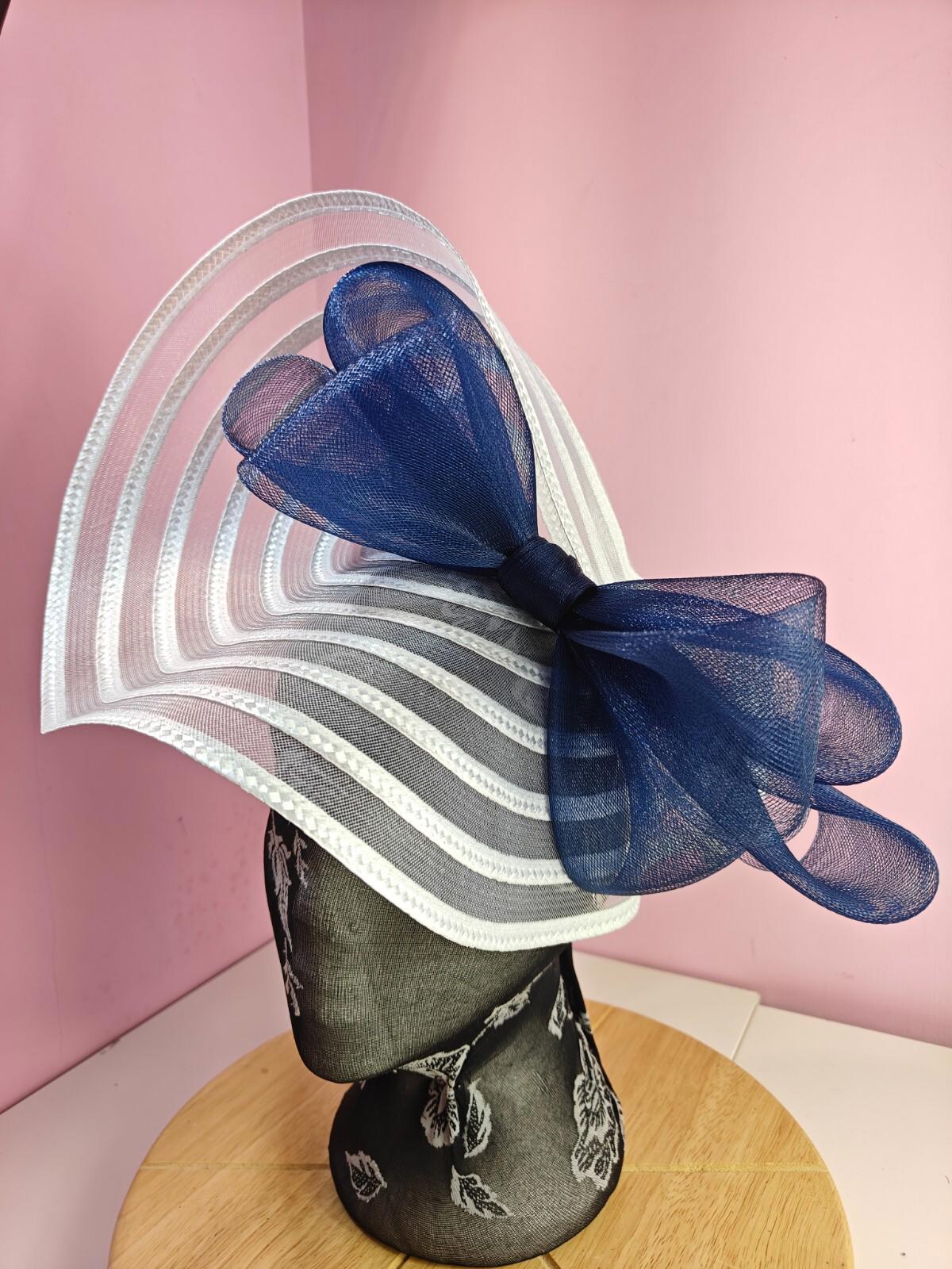 white navy bow fascinator millinery wedding hat Kentucky Derby Royal Ascot