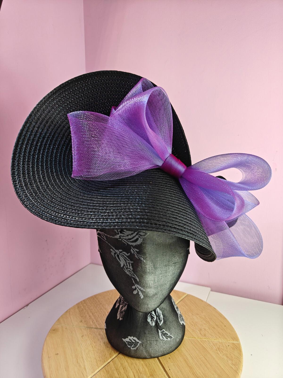 black purple large straw fascinator wedding hat Kentucky Derby Royal Ascot