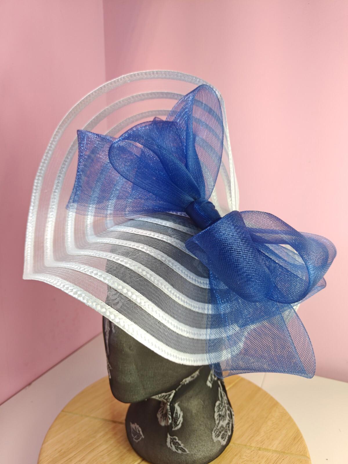 white blue bow fascinator millinery wedding hat Kentucky Derby Royal Ascot