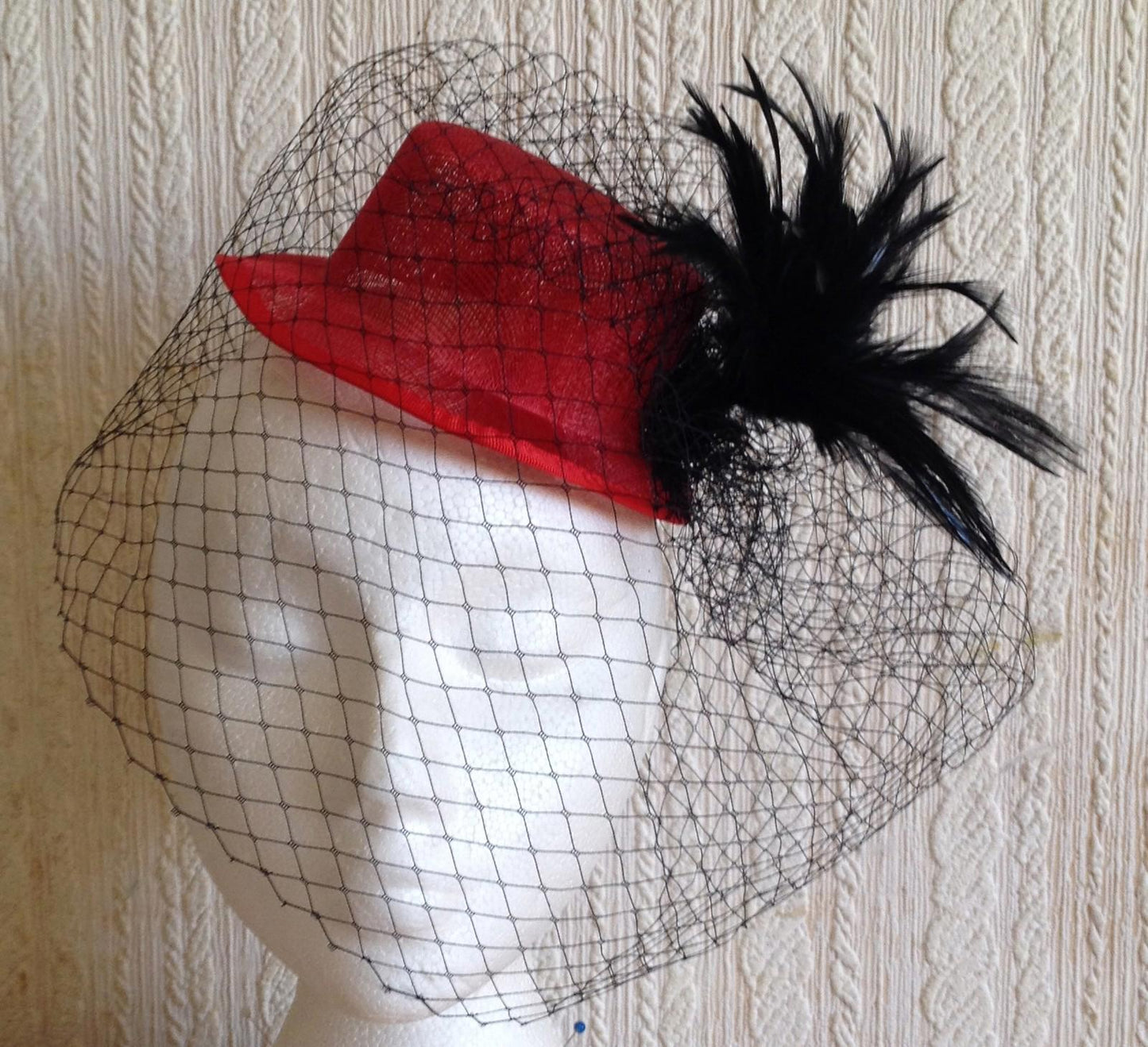 black veiling feather red sinamay mini top hat fascinator millinery wedding
