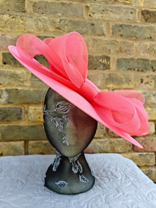 coral pink large fascinator wedding hat  Kentucky Derby Royal Ascot bow