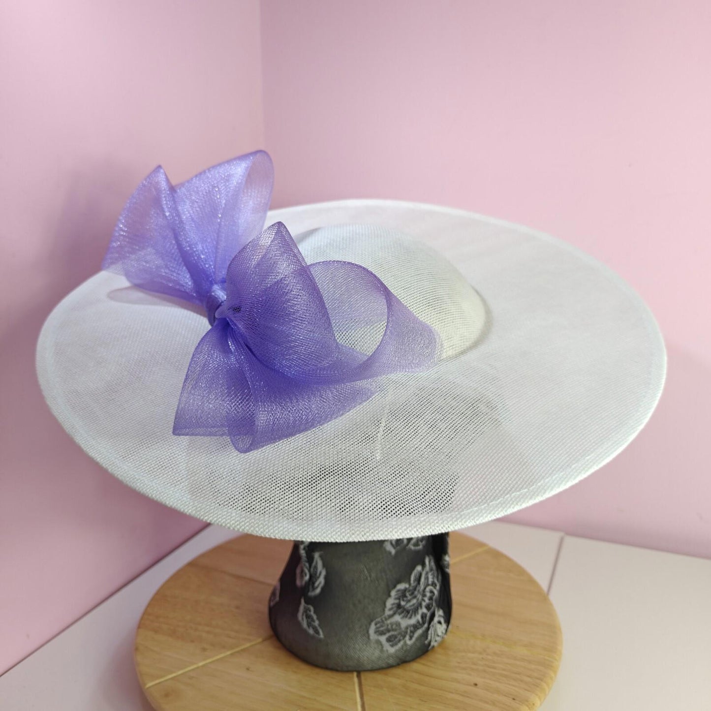 white lilac large fascinator wedding hat  Kentucky Derby Royal Ascot bow