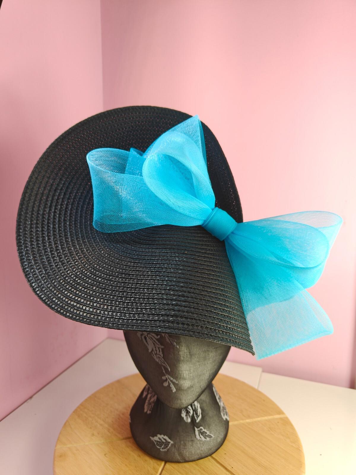 black turquoise large straw fascinator wedding hat Kentucky Derby Royal Ascot