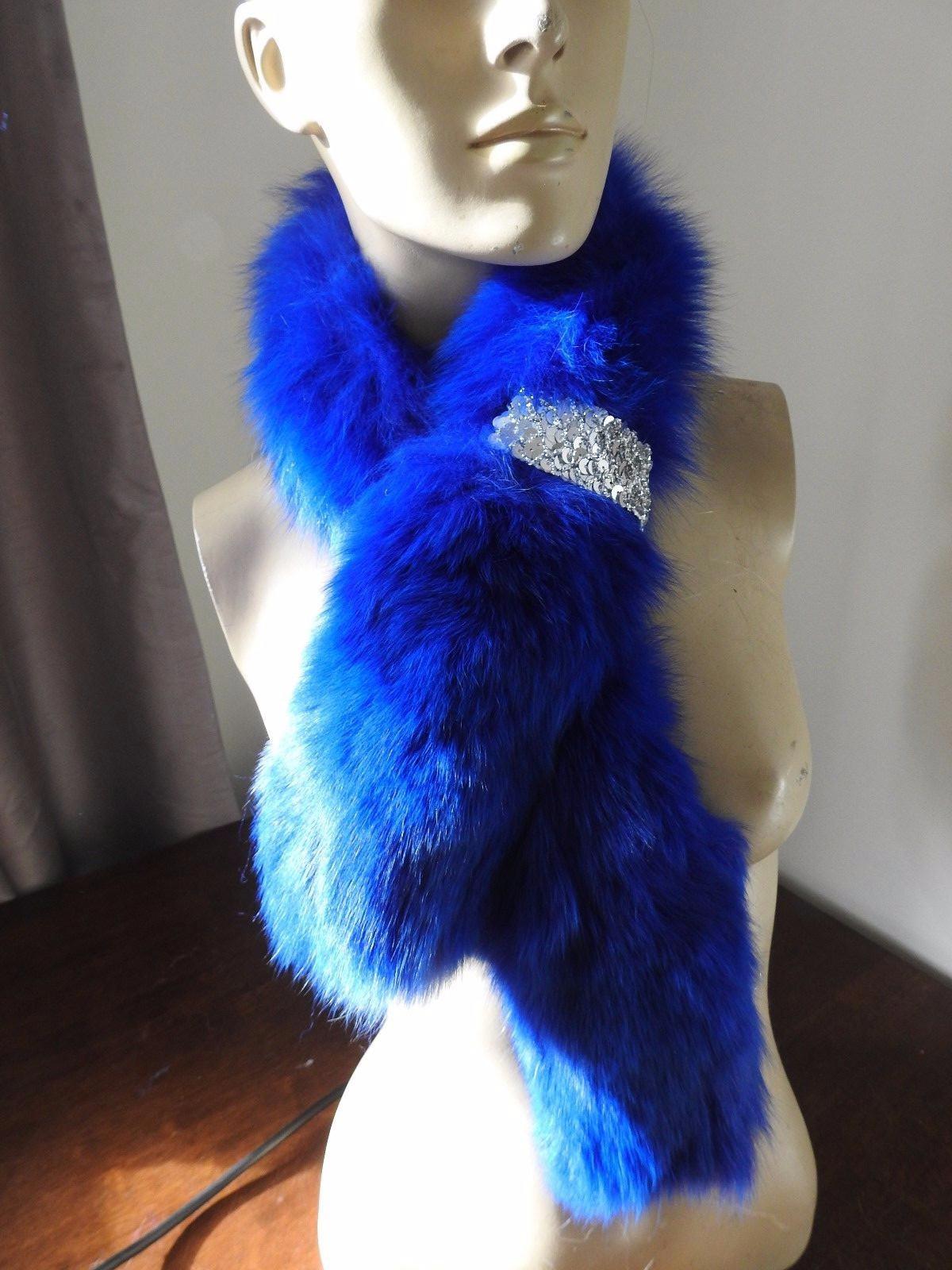 electric blue real genuine Chinese fox fur pelt collar scarf satin lining